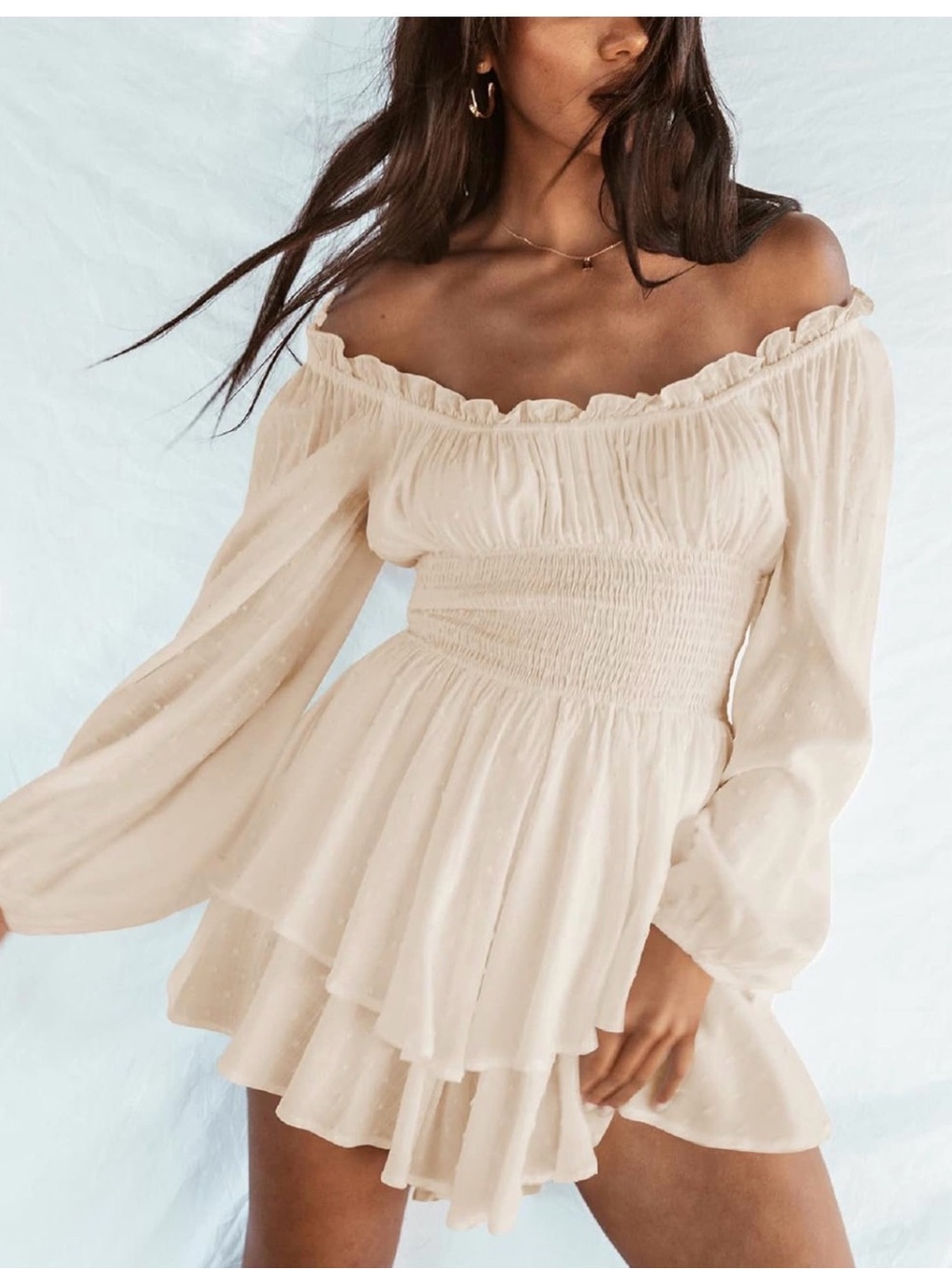 Off-Shoulder Ruffled Tiered Romper in Cream